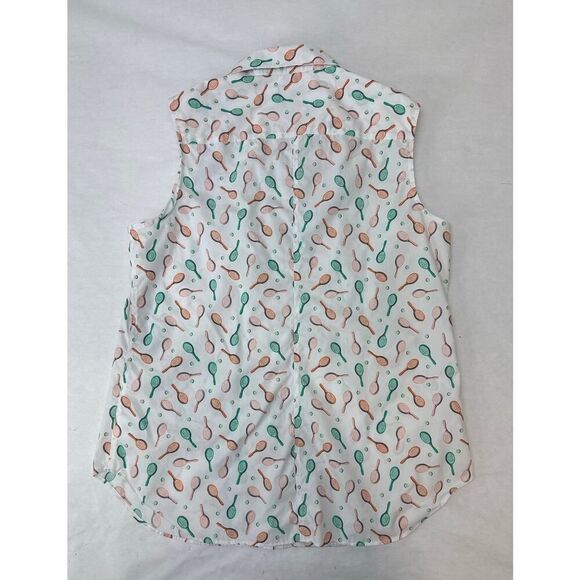 Tennis Racket Print Land’s End Sleeveless Button Shirt Supima Cotton - Size 12 - Picture 2 of 7